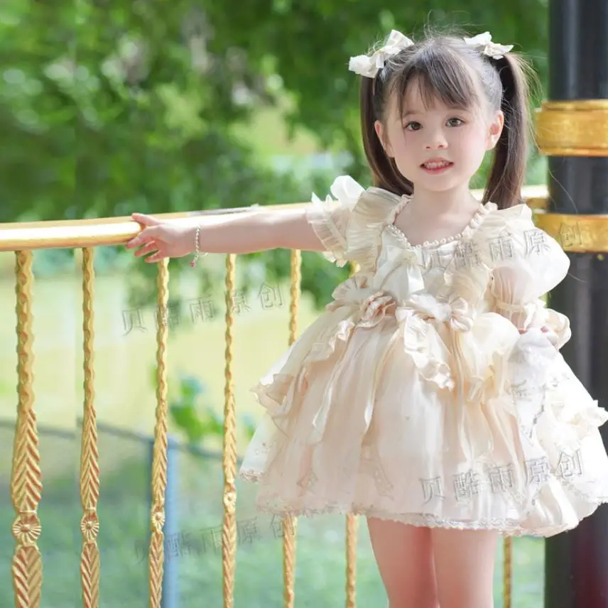 

Girl Lolita Dress Summer New Ball Gown Birthday Party Dress Children Short Sleeve Pearl Princess Kids Wedding Vestidos Wz1066