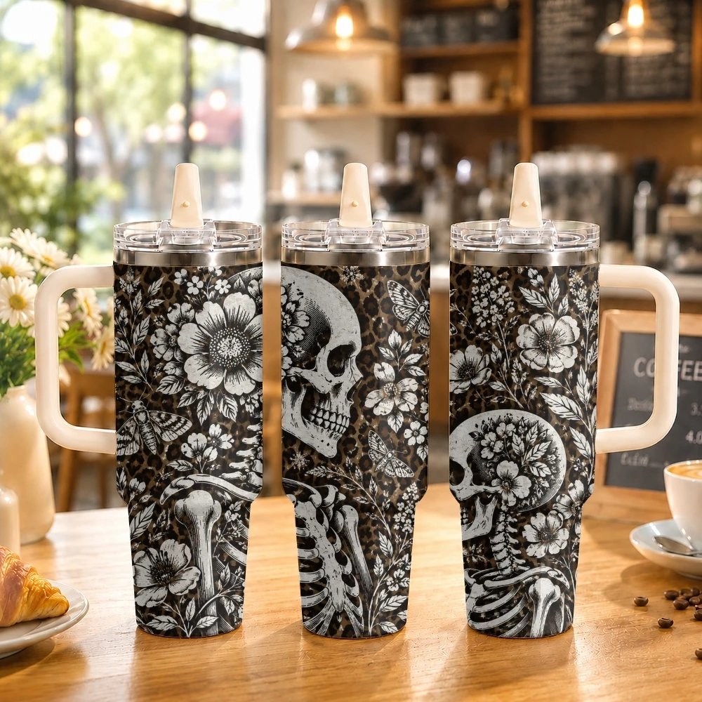 Leopard-Print Skull Vacuum Flasks 40oz Stainless Steel Tumbler with Handle Straw Lid Vacuum Insulated Double Wall Leak Proof