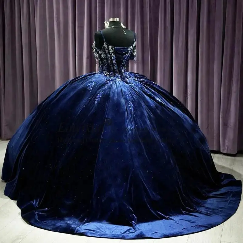 Elegance Navy Blue Princess Quinceanera Dresses Velvet Crystals Flowers Appliques Ball Gown Sweet 16 Dress Corset Style Gowns