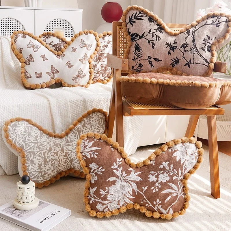 53x35cm Vintage Shaped Pillow with Insert Butterfly Pattern Lumbar Cushion for Bedside Throw Pillow