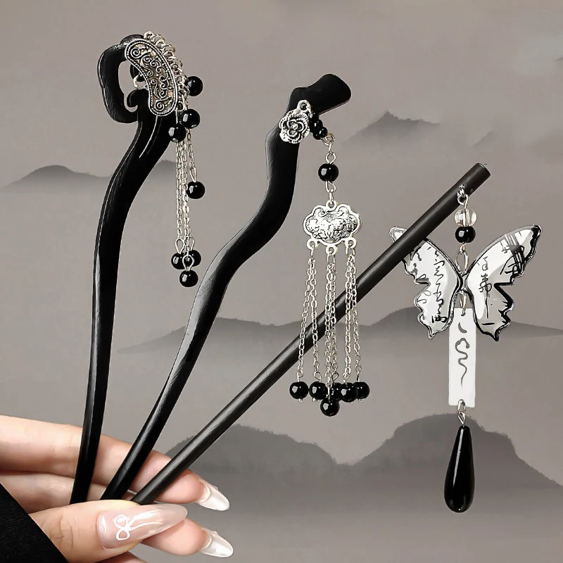 1pc 중국 고대 스타일 잉크 그림 나무 머리핀 하이 엔드 Tassels 편리한 빠른 머리핀 배열 Hanfu Qipao Headwear