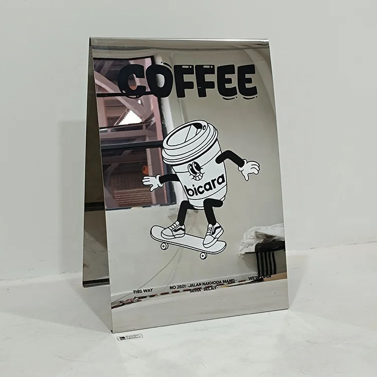 Double Sided Advertising Display Metal Mirrored Brushed Stainless Steel A-Frame Shop Sign Stand Sidewalk A Frame Sign Board