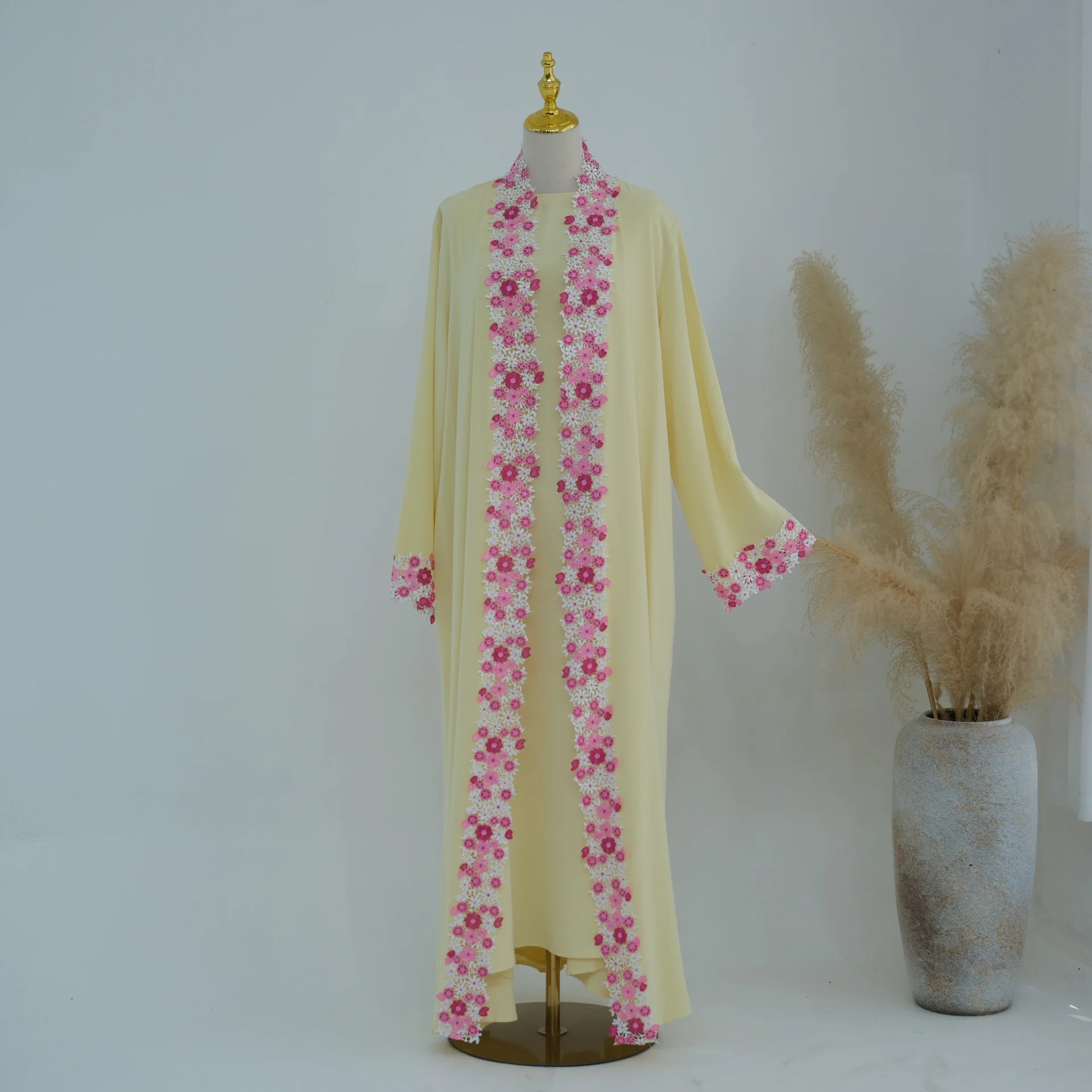 Dubai Floral Embroidery Cardigan Open Abaya Inner Dress Scarf Set Suit Muslim Women Kaftan Turkey Arab Robe Islamic Clothing