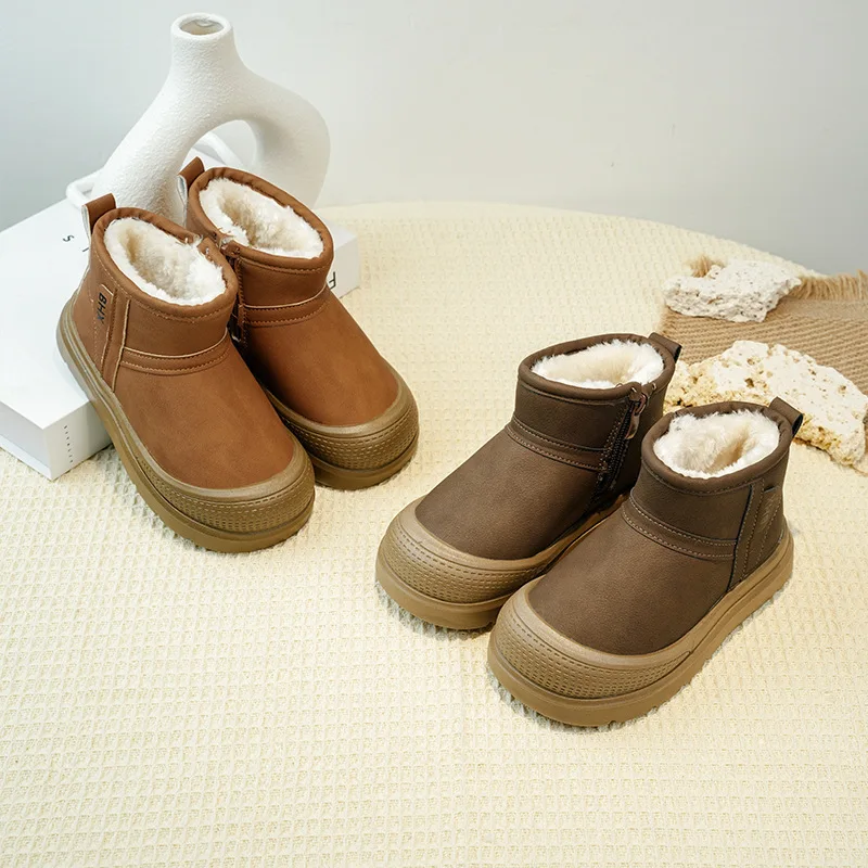 Kids'Snow Boots Solid Color PU Leather Fashion Winter Flat Shoes For Children Anti-slip Warm Grey Brown Shoes Size 26-37