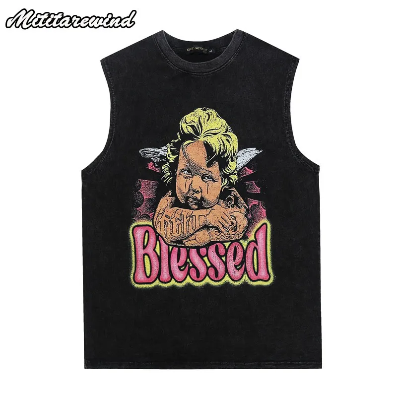 

American Vintage Dark Vibe Washed Distressed Print Men's Vest Summer Black High Street Loose Hip Hop Streetwear Y2k Youth