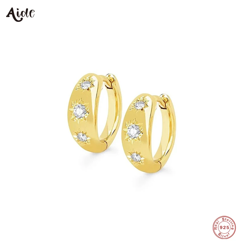 Aide 925 Sterling Silver White Zircon Starburst Thick Chunky Huggie Earrings For Women Delicate 9mm Chubby Circle Hoop Earrings