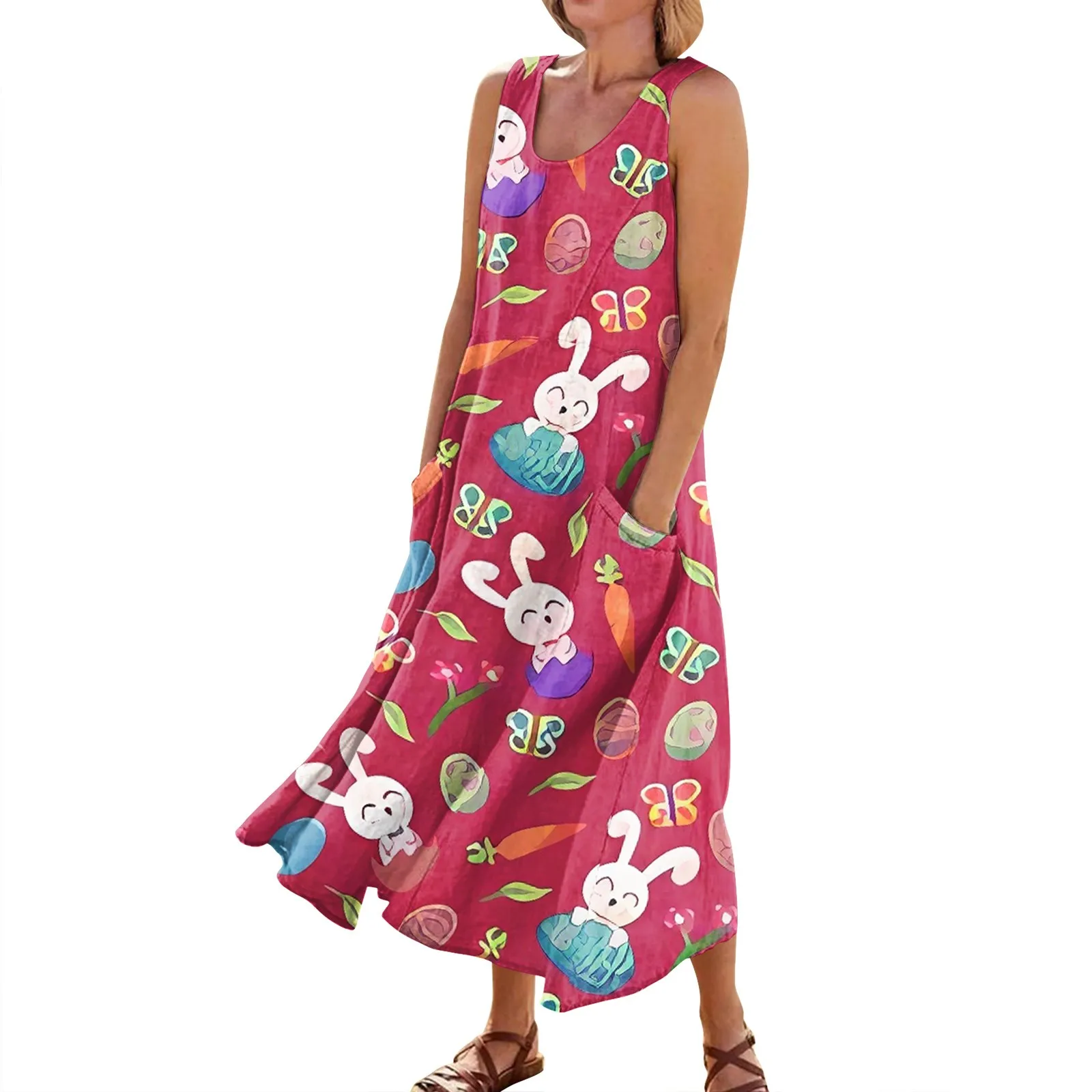 Dresses For Prom Elegant Easter Print Ankle-Length Dresses For Womens 2023 O-Neck Sleeveless Ladies Frocks فستان سهرة نسائي