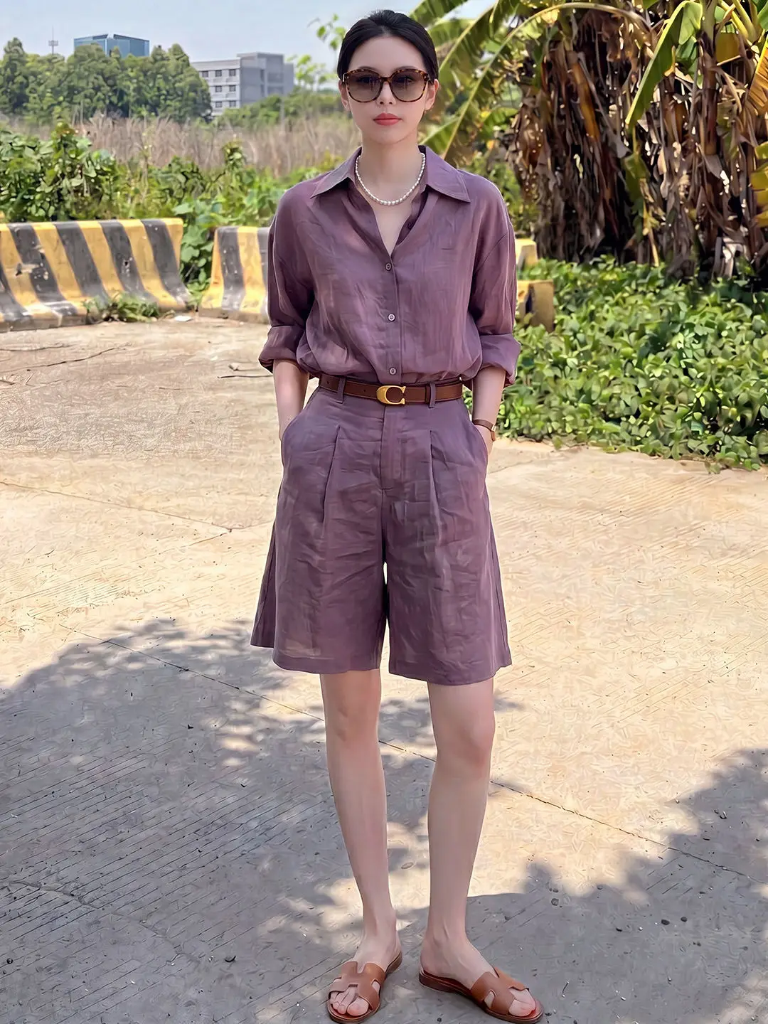 

Ladies Linen Cotton Shirt Set Loose Fit Two Piece Suit Summer Collection Comfortable Feel High Waist Pants Korean Style