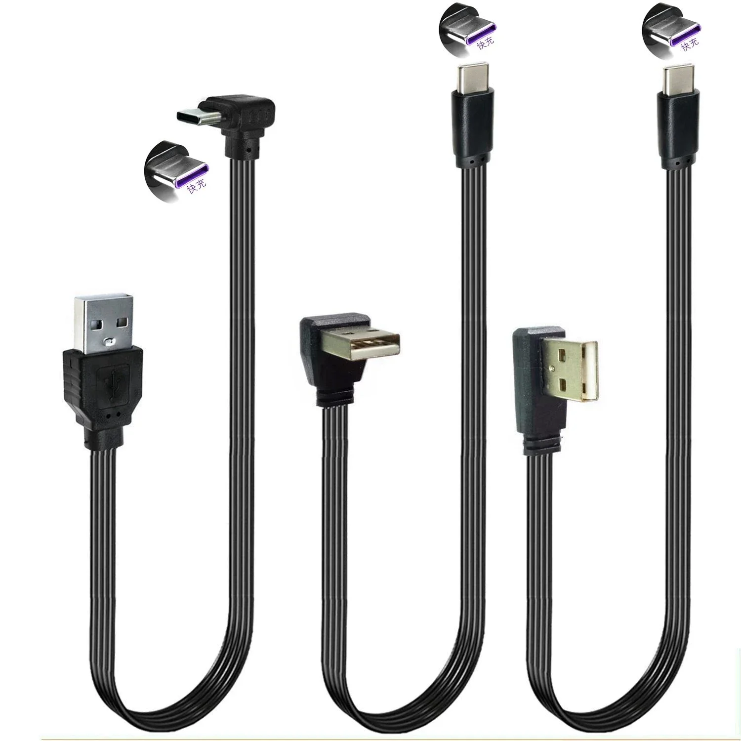50CM 100CM Fast charging USB to Type-C data cable USB elbow flat high flexibility Type-C elbow supports data charging cable