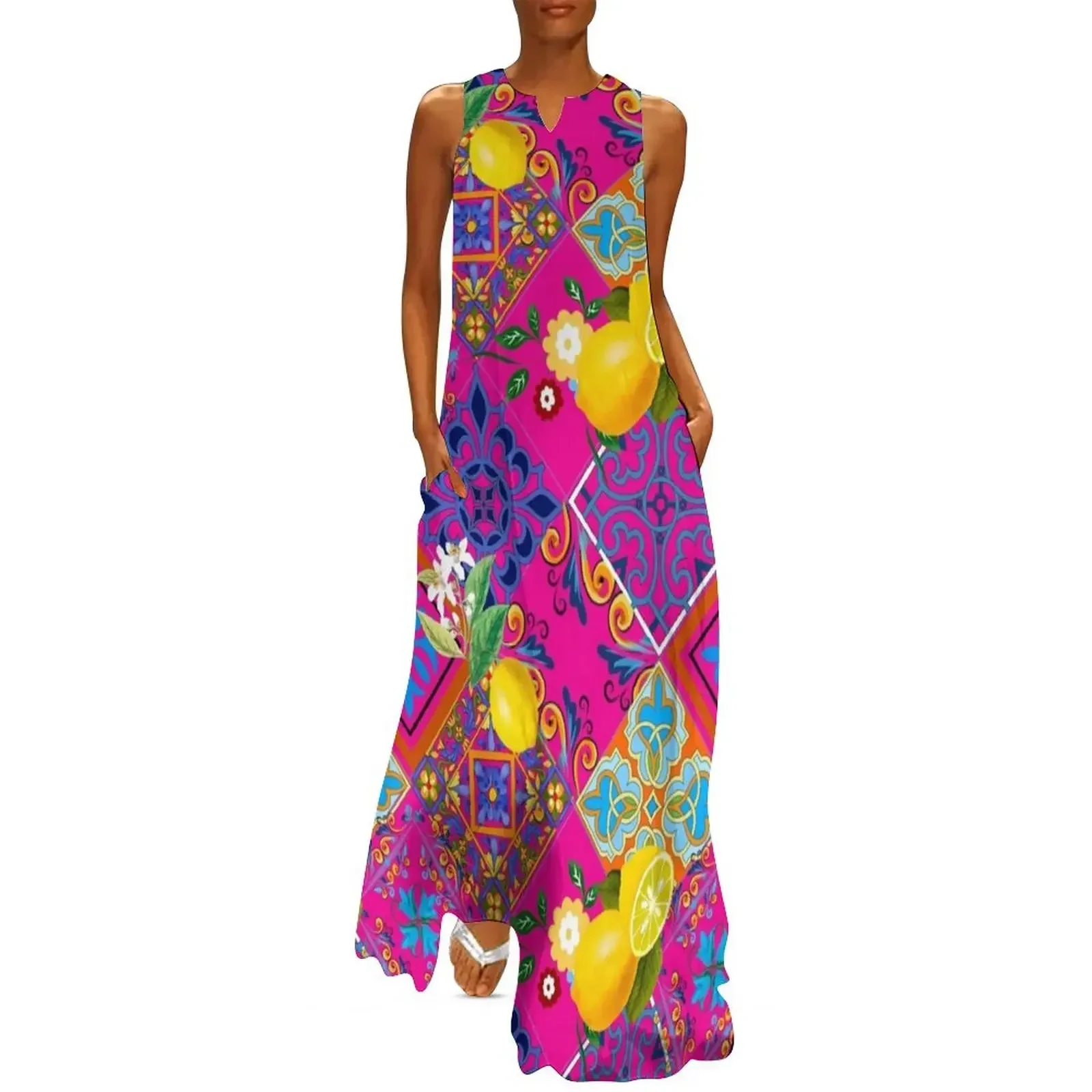 

Tiles,mosaic,azulejo,quilt,Portuguese,majolica,lemons,citrus. Long Dress Women long dress Clothing female Dress