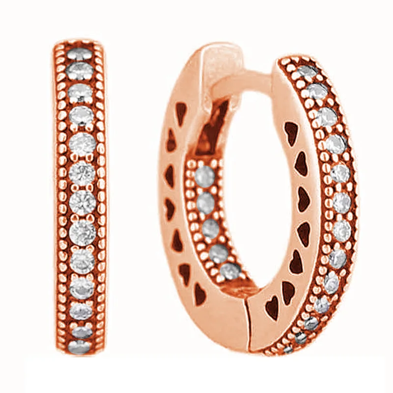 New 925 Sterling Silver Rose Gold U-shaped Signature Leaf Droplets Solitaire Huggie Hoop Earring For Women Jewelry Birthday Gift