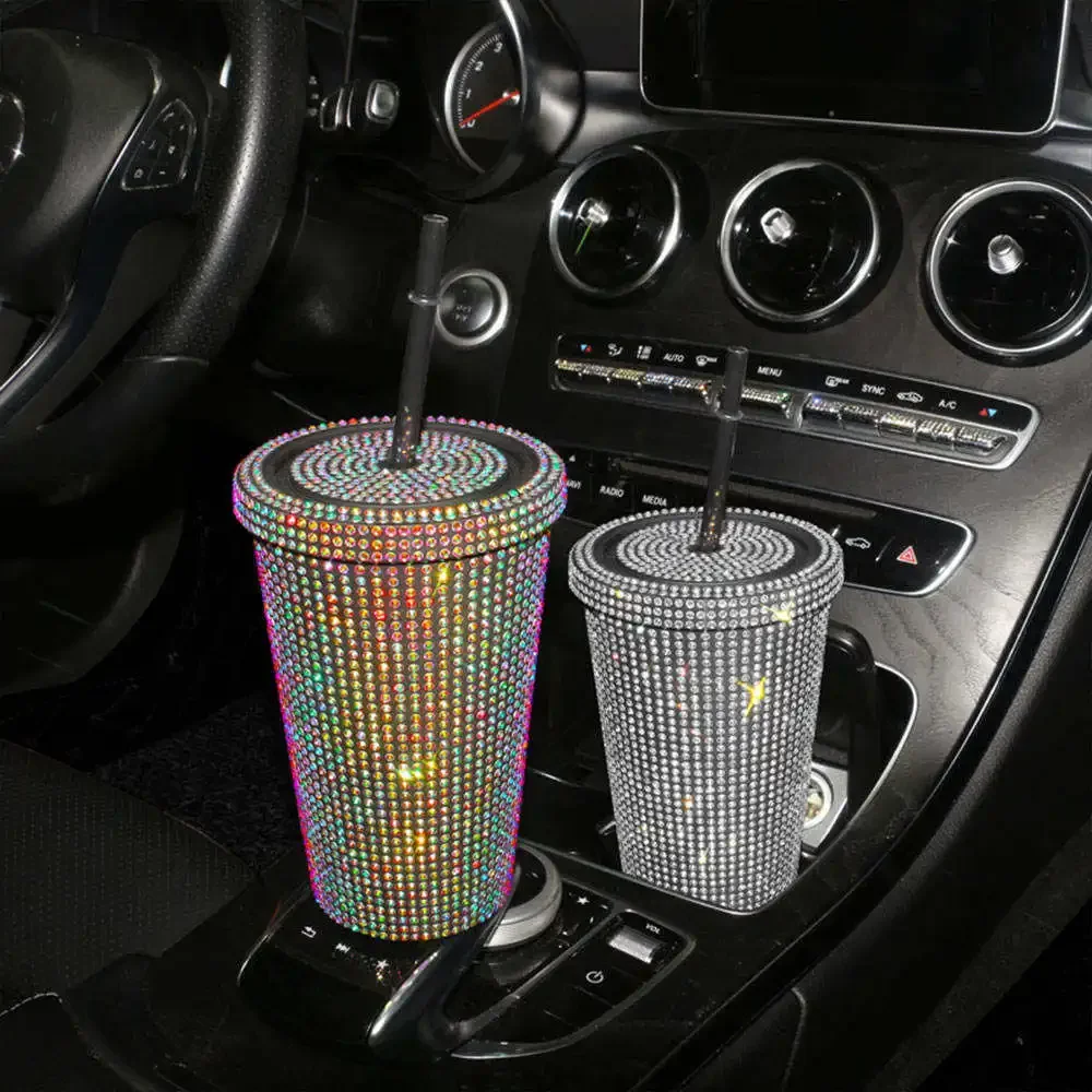 Rhinestone Car Water Bottle with Lid Stainless Steel Straw Tumbler Pink Bling Car Interior Accessories for Women