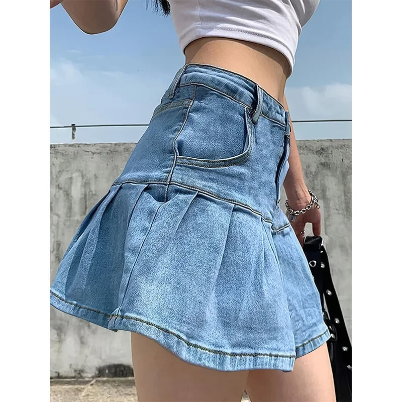 Denim Skirt for Woman Streetwear Casual Pocket High Waist Loose Slimming Short Dresses Solid Blue Dress Female Summer 2025 New