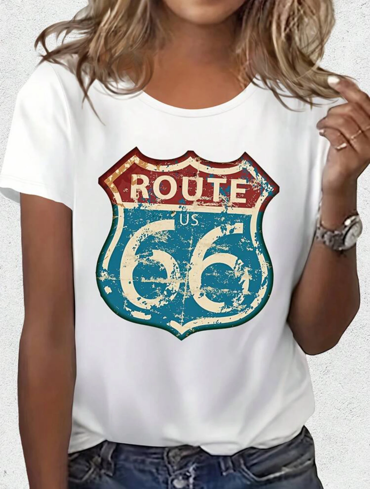 

Women's short-sleeved round-neck casual T-shirt with the ROUTE 66 letter pattern printed on it