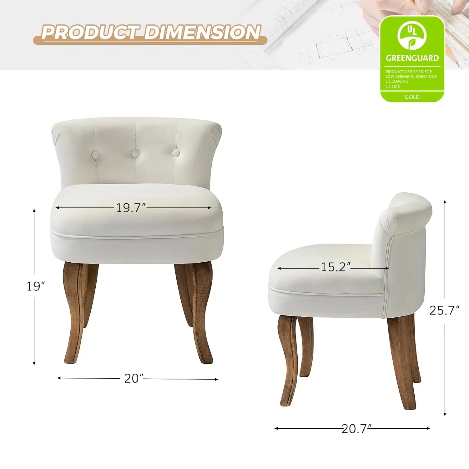 Velvet Vanity Stool with Low Back, Modern Vanity Chair with Solid Wood Legs, Small Upholstered Makeup Chair Home, Customized view 2