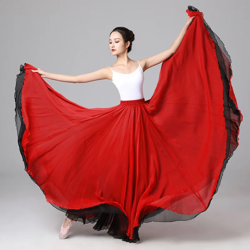 Chinese Classical Ethnic Dance Training Dress Performance Long Skirt Double Layer Elastic Waist Large Swing Skirt