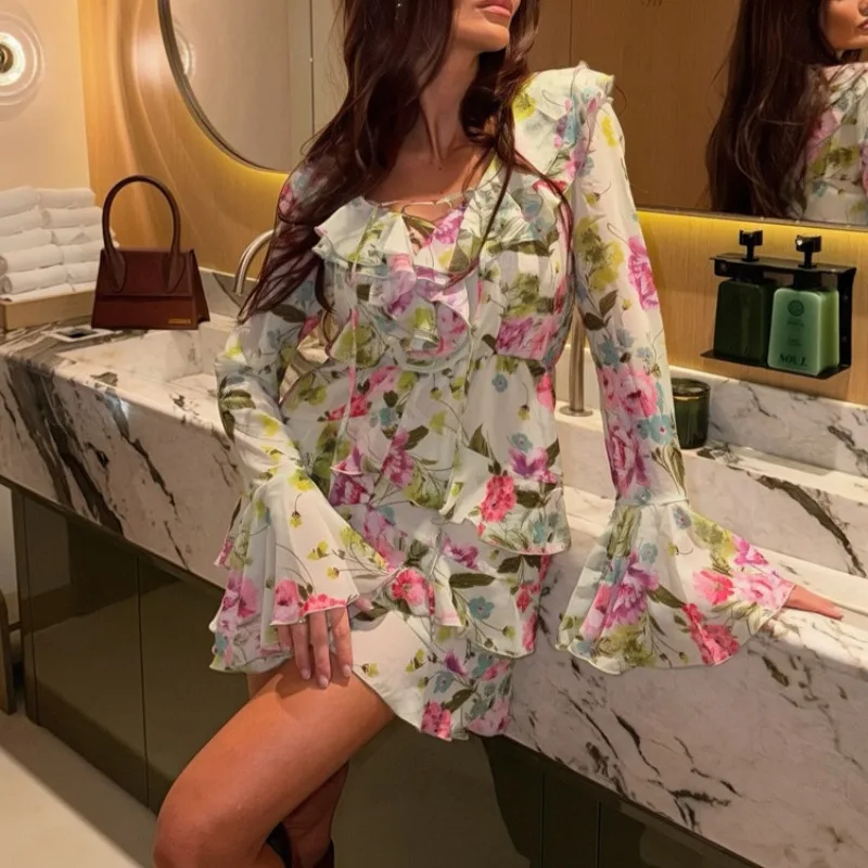 Elegantes Damen-Minikleid aus Chiffon mit Blumenmuster, Rüschen, V-Ausschnitt, Schnürung, mehrlagigen Rüschen, A-Linie, kurzes Kleid für Party und Urlaub – Detail 14
