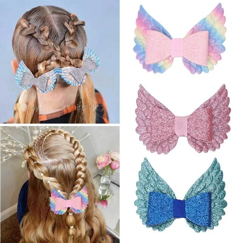 

36pc Rainbow Glitter Angel Wings Bow Hair Clips Baby Girls Kids Unicorn Hairpins Barrettes Children Hair Accessories Bulk