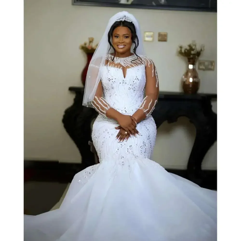 Personalizado brilhante contas de cristal sereia vestido de casamento para noiva robe de casamento árabe aso ebi mangas compridas vestidos de noiva