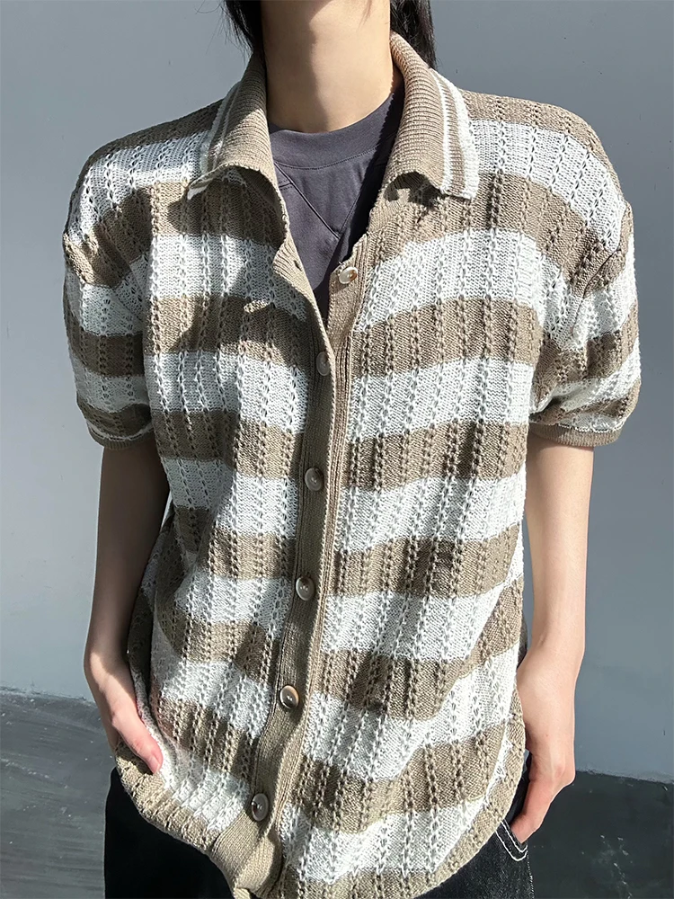 

Американская ретро-рубашка с коротким рукавом и ажурной вязкой для мужчин, летняя легкая пляжная одежда, дышащая повседневная верхняя одежда Cleanfit