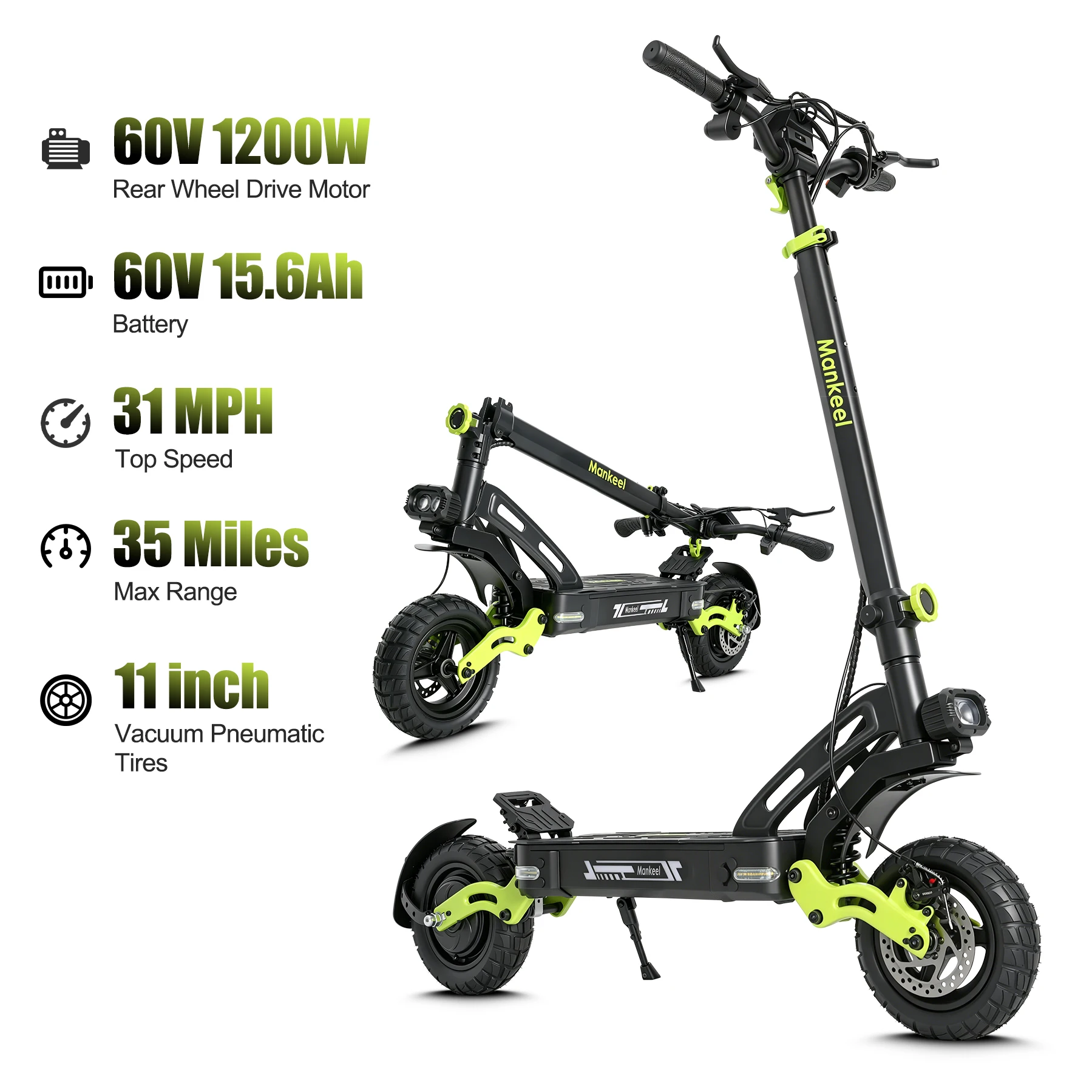 Electric Scooter 1200W Dual Motor 11 Inch Tires Full Suspension E-scooter 60V 21AH Max Range 65Km Load 120Kg