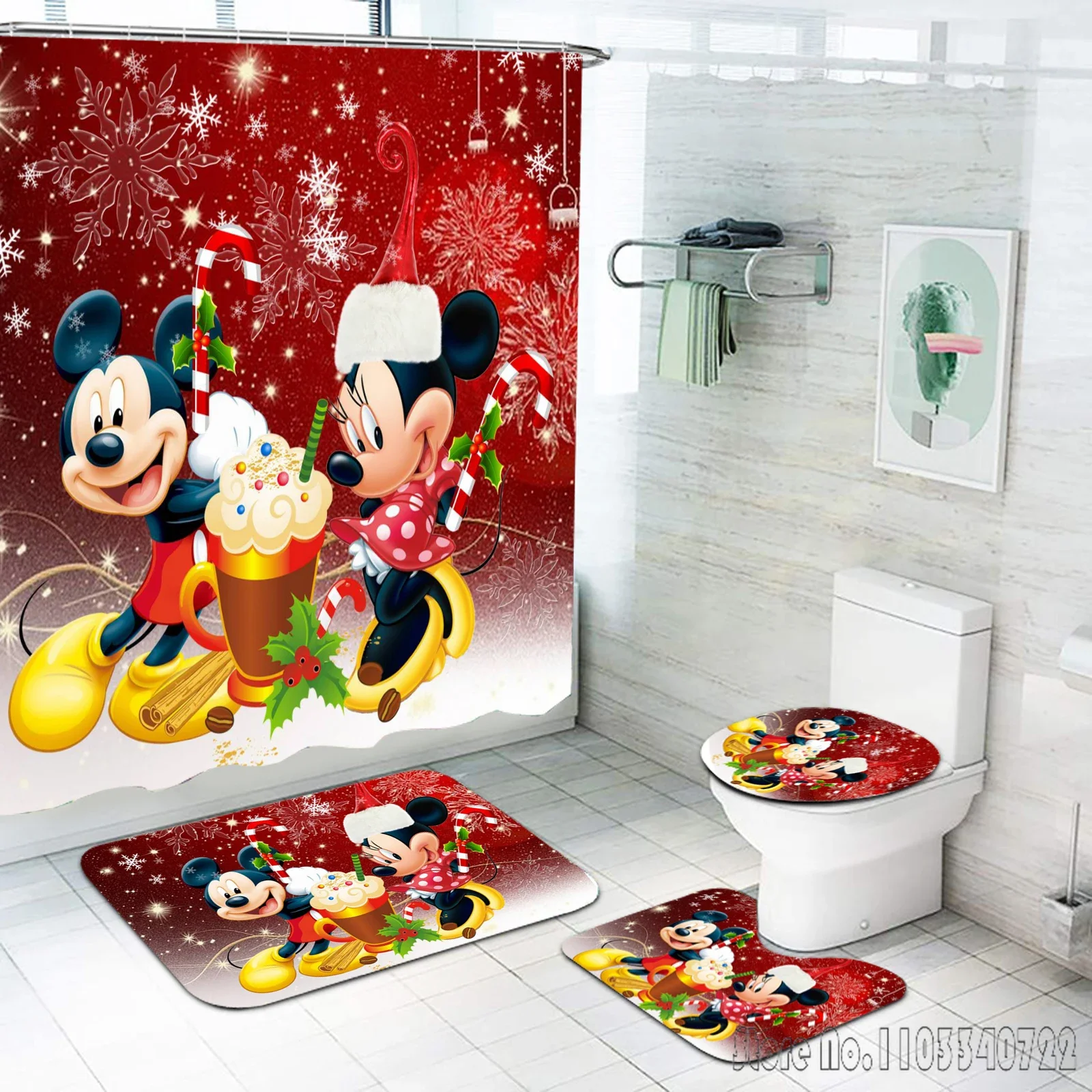 Mickey Mouse Disney Anime Bath Shower Curtain Set 4pcs with Hooks Waterproof Bathroom Toilet Mat Lid Decor