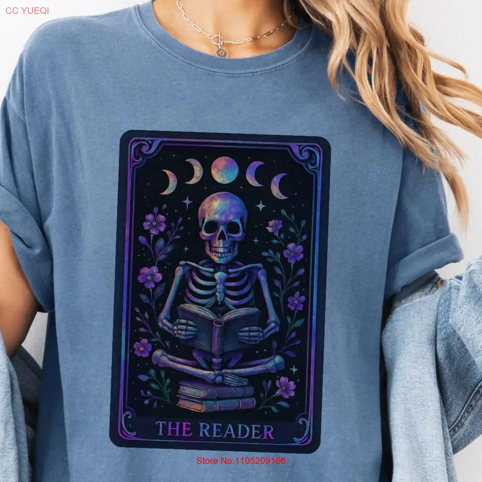 

The Reader Tarot Card T Shirt Gothic Skeleton Reading Sparkly Colorful Book Lover Bookish vintage Washed Comfortable Slightly