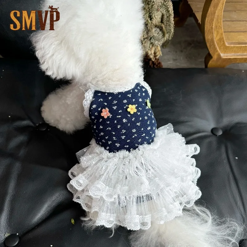 

Original Spring and Summer New Blue Floral Lace Cake Suspender Dress Pet Kitten Small Dog Dress Puppy Clothes