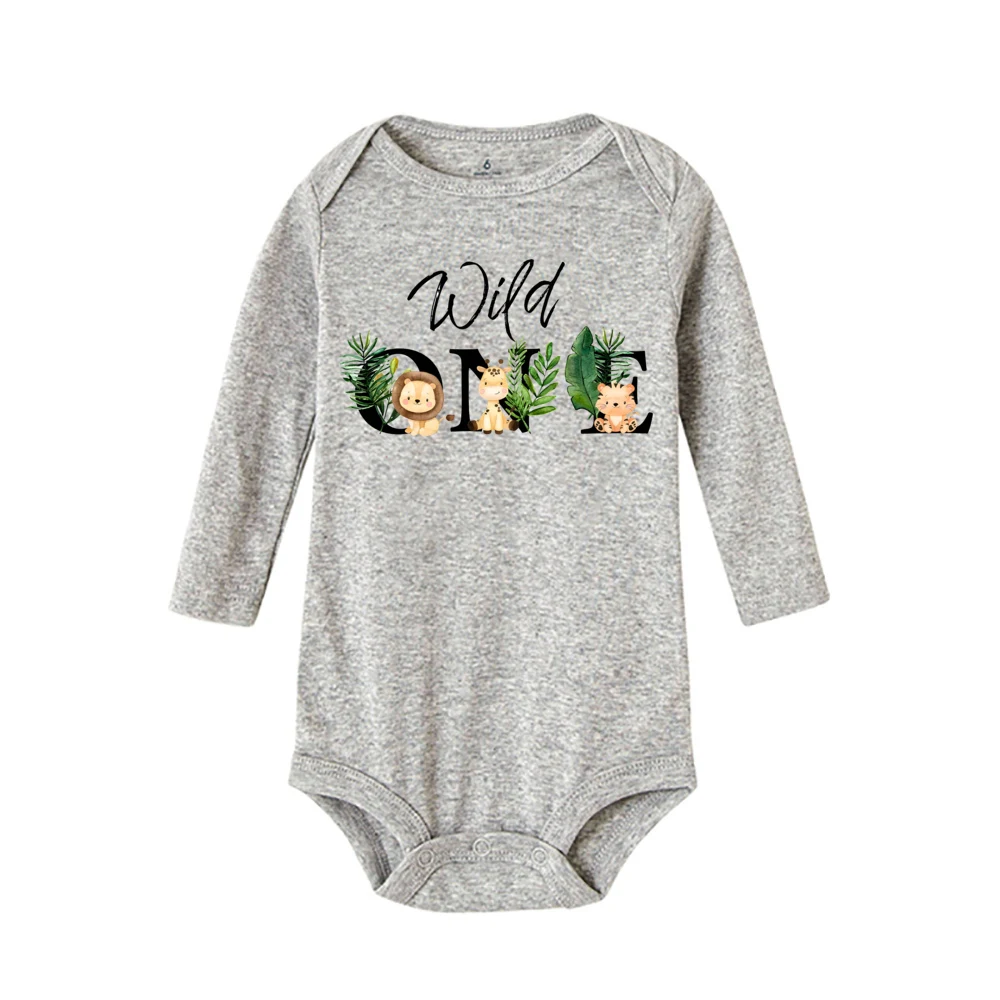 Wild One&Animal Print Baby Bodysuit Casual Long Sleeve Infant Jumpsuti Baby‘s First Birthday Boy Newborn Romper Clothes