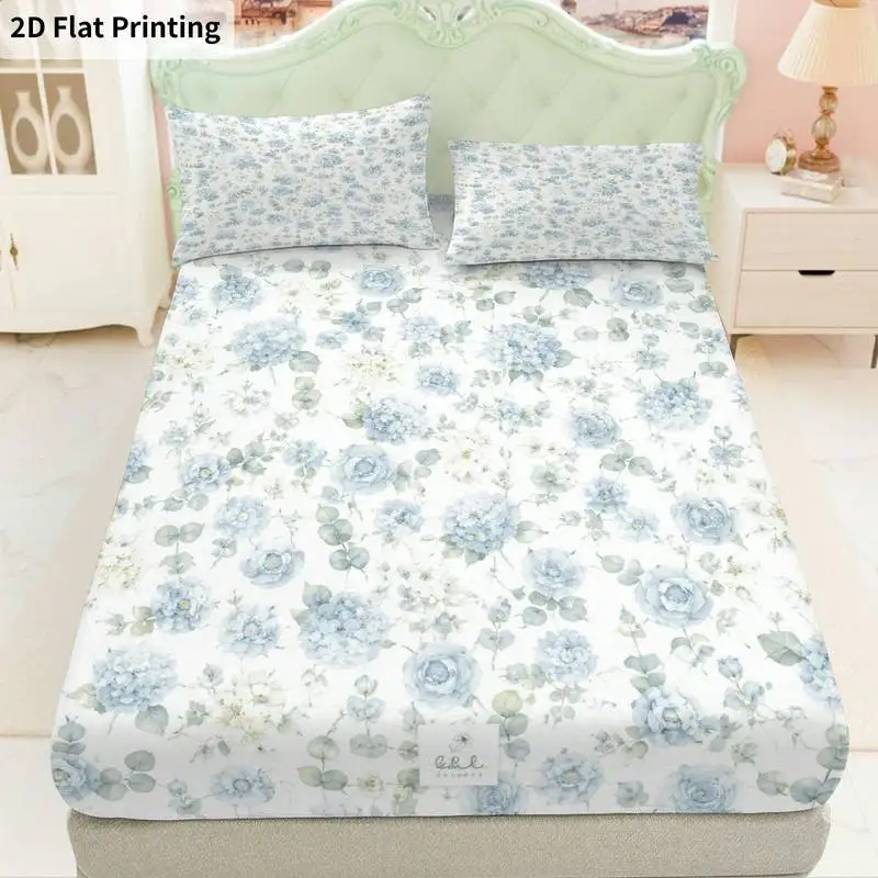 3Pcs Bluefloralbeigefloral Fitted Sheet Three Piece Set (1*Fitted Sheet + 2*Pillowcases, Coreless), Bedding Set
