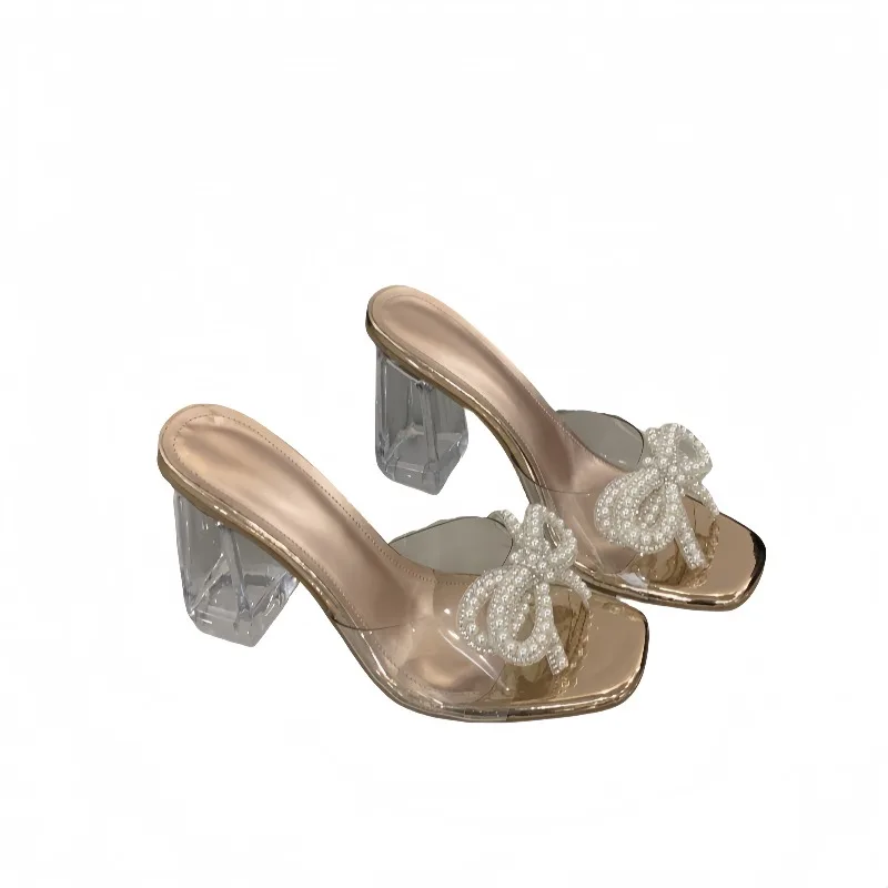 New Women's Crystal Chunky High-heeled Sandals Fashionable Versatile Pearl Bow Sexy High-heeled Sandals Size 35-41 view 5