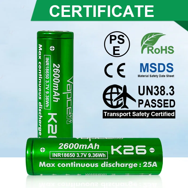 Novo 100% original vapcell k26 inr18650 2600mah bateria 3.7v 25a li-ion bateria recarregável lanterna para baterias de ventilador