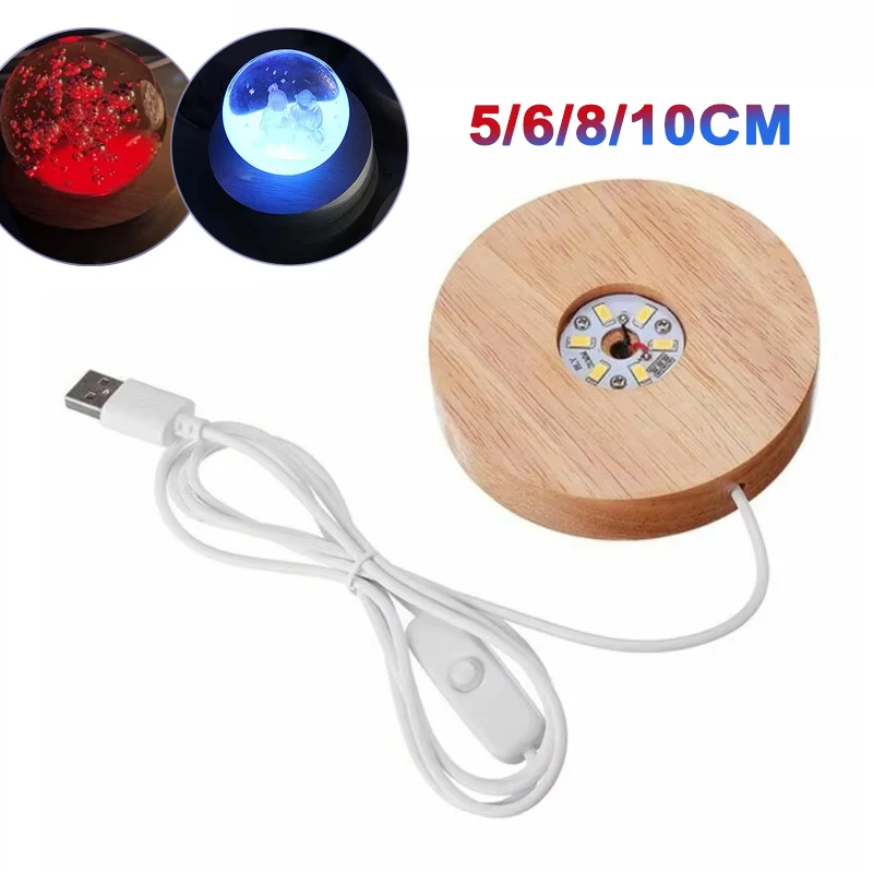 5/6/8/10CM LED Desktop Decorative Wooden Round Lamp Holder DIY Gift Night Light Crystal Lamp Luminous Base USB Powered Interface
