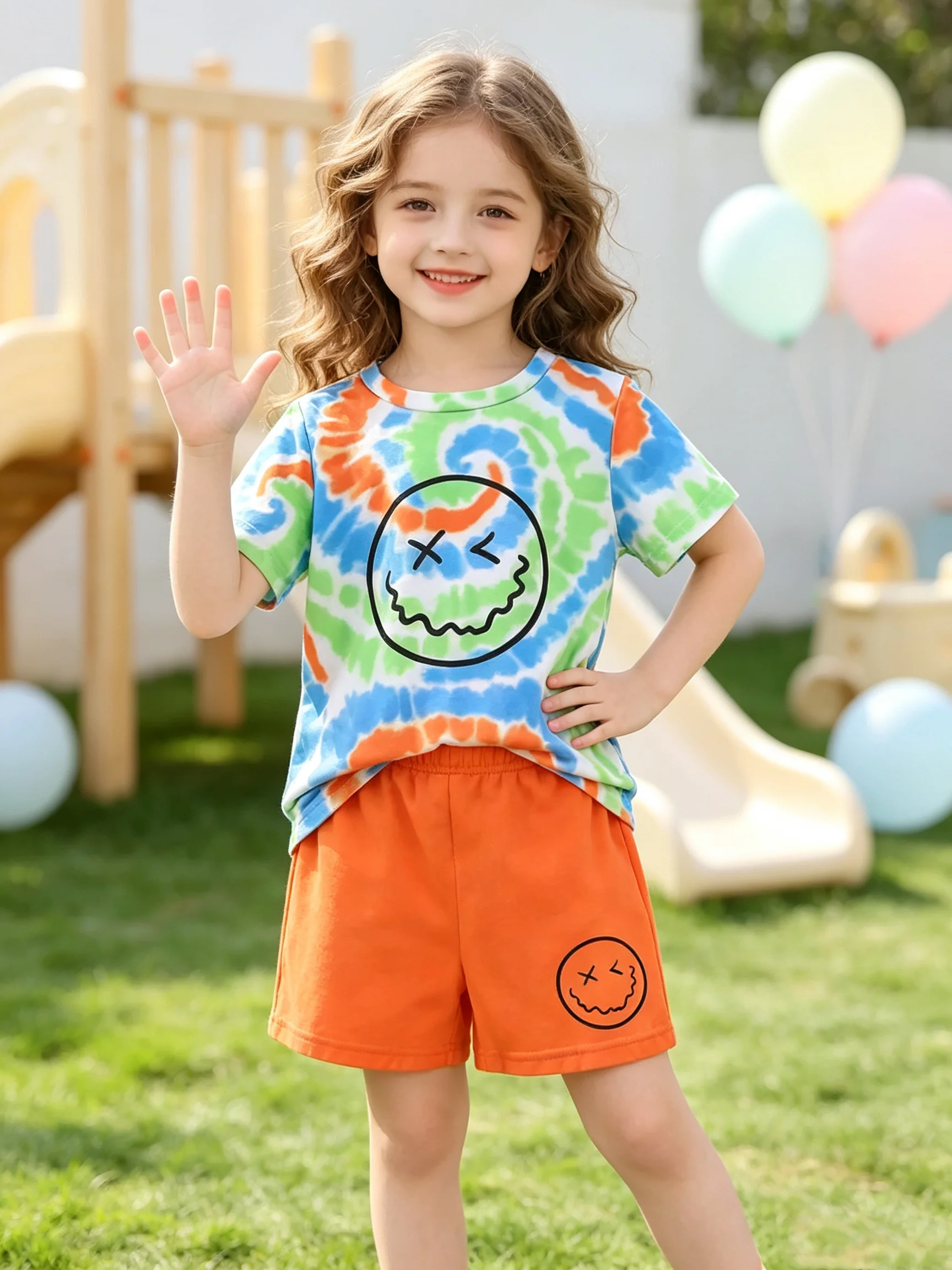 Summer Boys' Tie Dye Smiley Face Print T-Shirt And Shorts Set Short-Sleeved Top with Colorful Pattern Matching Solid Shorts