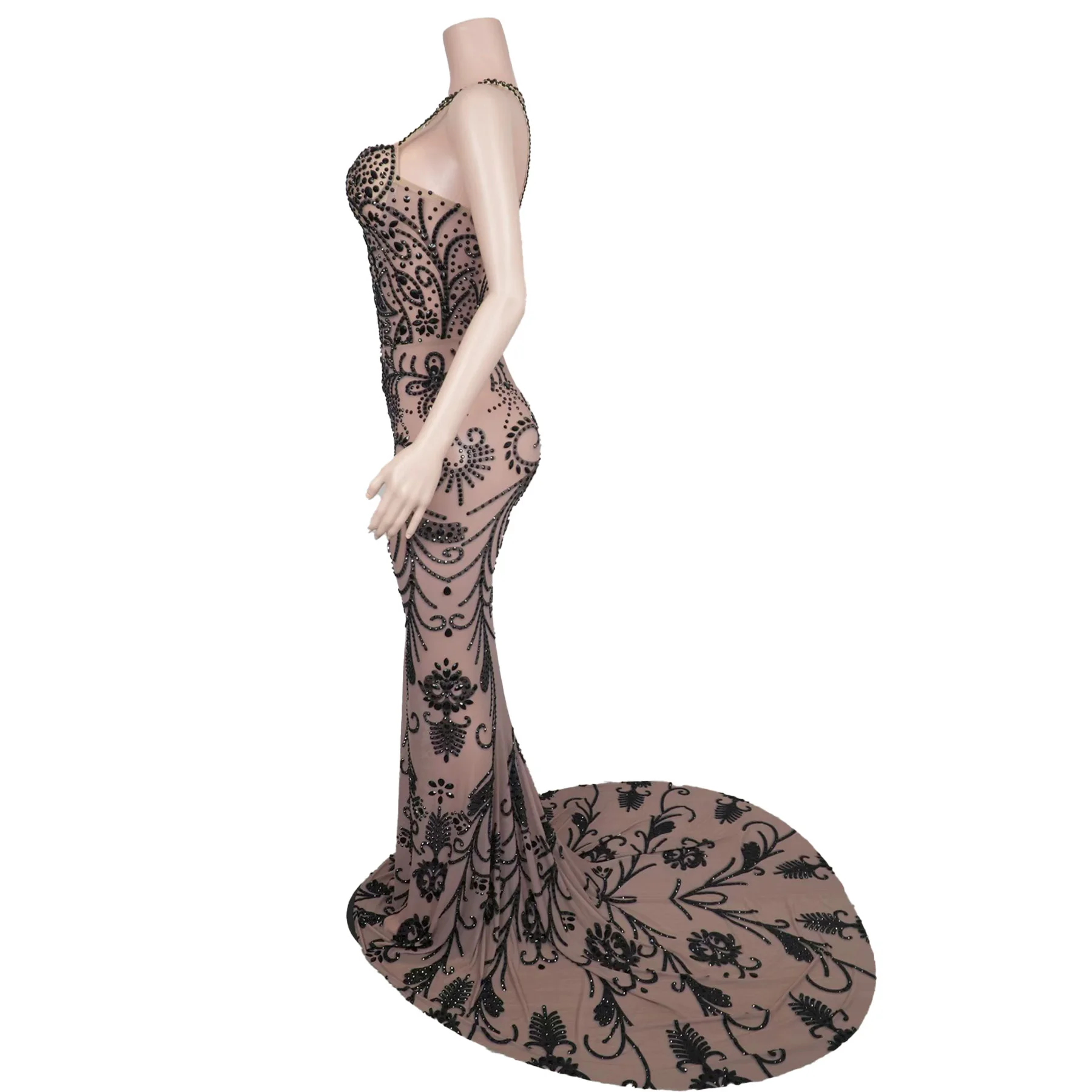 فستان سهرة نسائي أنيق من Yadan أسود من حجر الراين الشفاف الشبكي غير المنتظم فستان المشاهير على السجادة الحمراء لحفلات العشاء