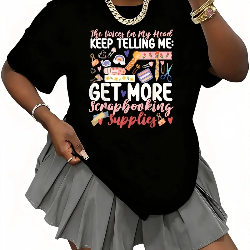 Scrapbook the Voice in My Head Keeps Telling Me to Buy More Women's 100% Cotton T-Shirt Short Sleeve Top Casual Round Neck Fun Print Tee S-5Xl