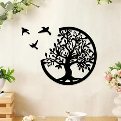 Boho Tree Of Life Black Wooden Wall Hanging,3 Birds Wall Art Decor,Round Hanging Ornaments,Indoor Crafts,Witchy Home Decorations