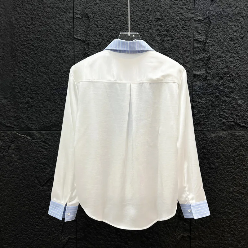 WVGA Spring New Men Faux Two-piece V-neck Long Sleeved Shirt Unique Korean Style Striped Patchwork Design Casual Tops Ins W25333