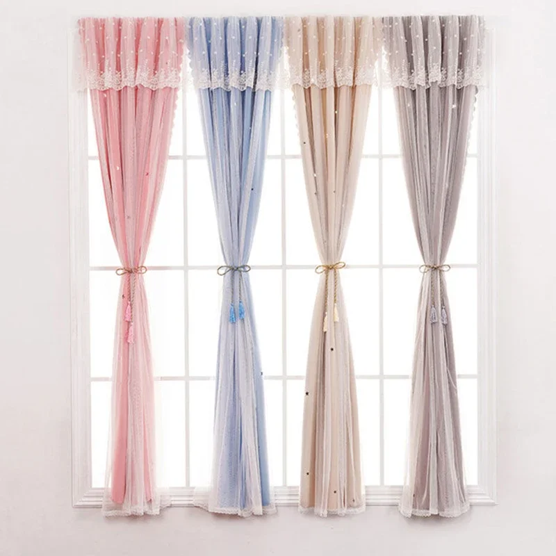 Magic Strap Blackout Curtain Punch-Free Star-Cutout Sheer Window Curtain for Living Room Bedroom Drapes Easy to Install TJ1620-2