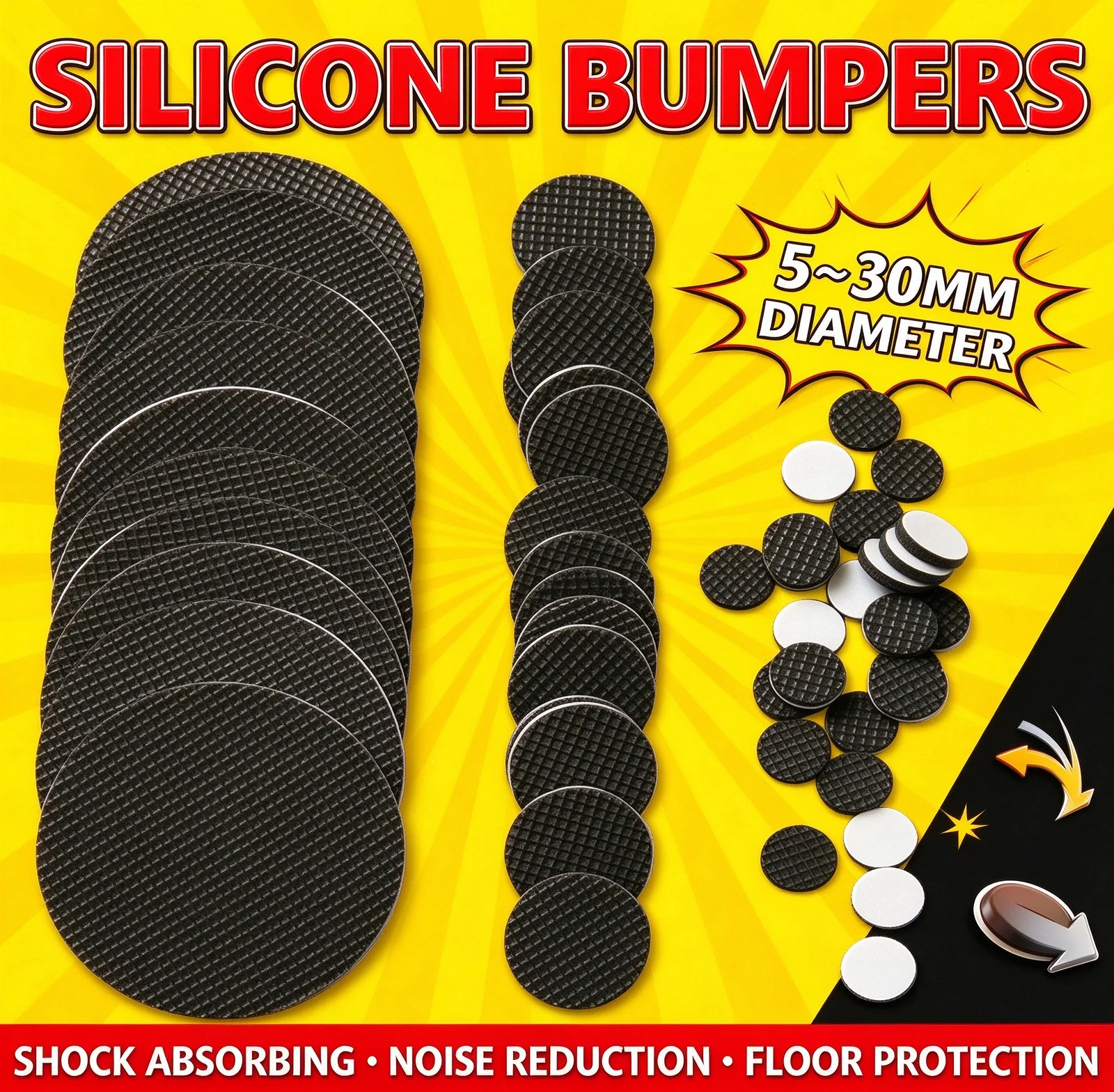 50Pcs Black Grid Texture Self Adhesive Round Silicone Bumpers, Shock Absorption Non Slip Feet Pads for Laptop Keyboard Monitor