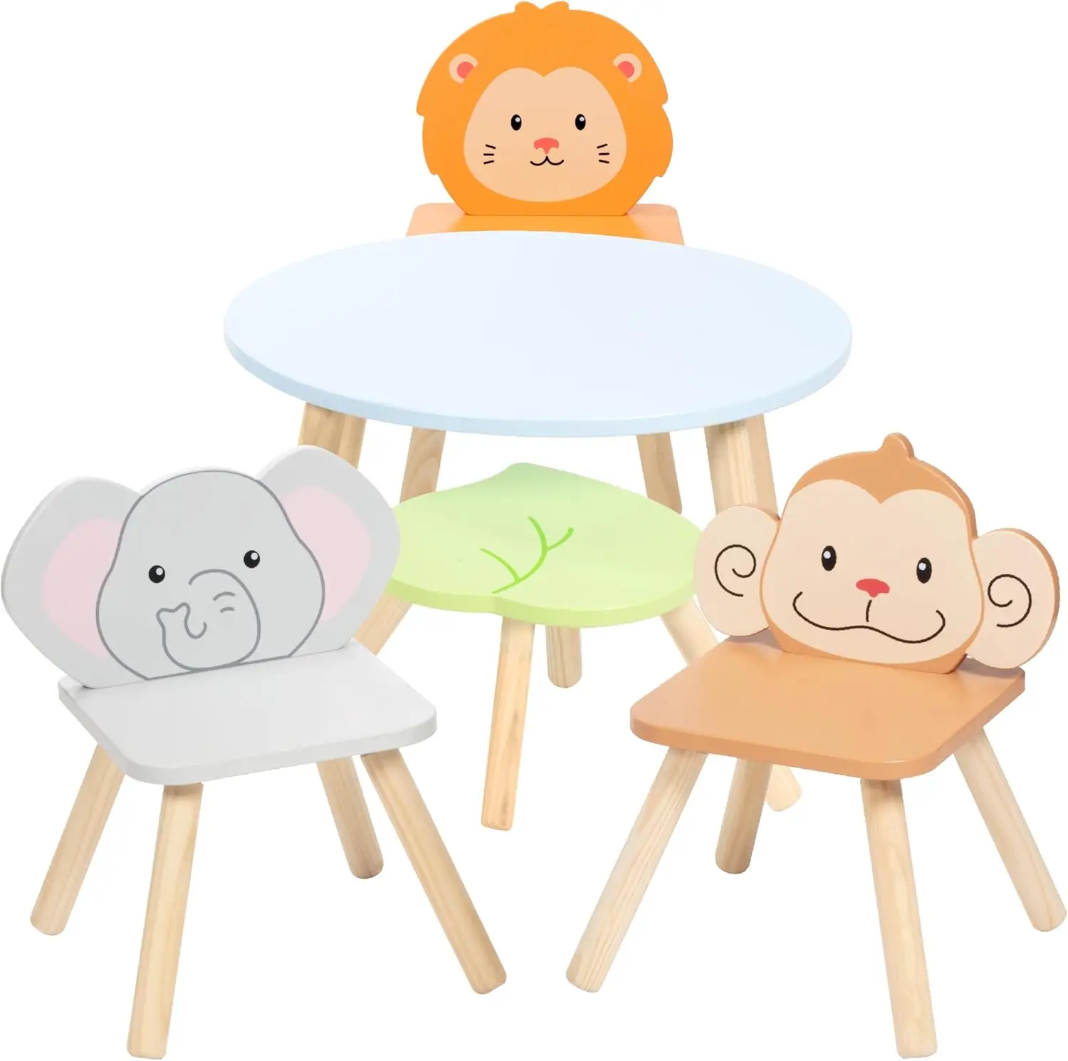 Kids Wooden Animal Table & Chair Set W 4 Seats- Monkey Lion & Elephant Plus Adult Stool For Arts Crafts, Dining, Pretend Play-