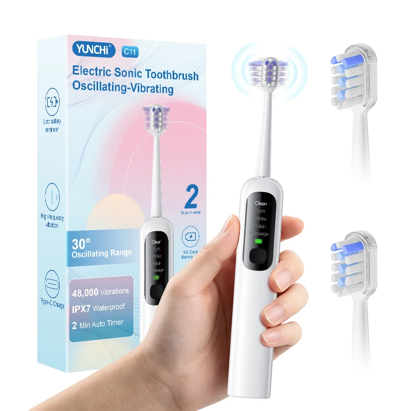 Yunchi Sonic Electric Toothbrush 2000Mah 100 Days Standby 5 Modes Ipx7 Waterproof 30 Degrees Swing Toothbrush with 2 Brush Heads