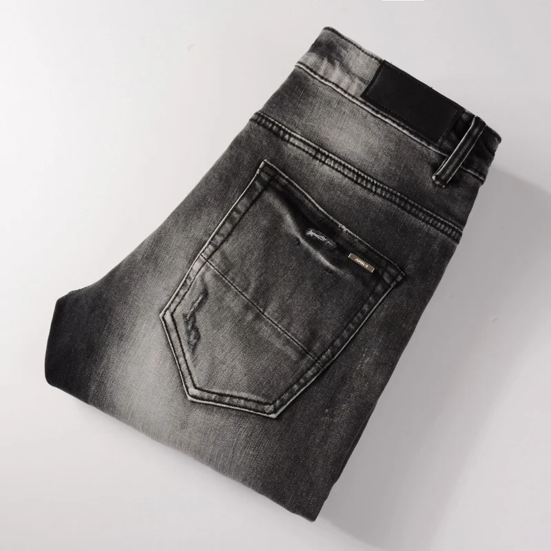 

newy2k men's jeans with perforated patches, washed water, nostalgic stretch, slim fit, black gray jeans, high street de