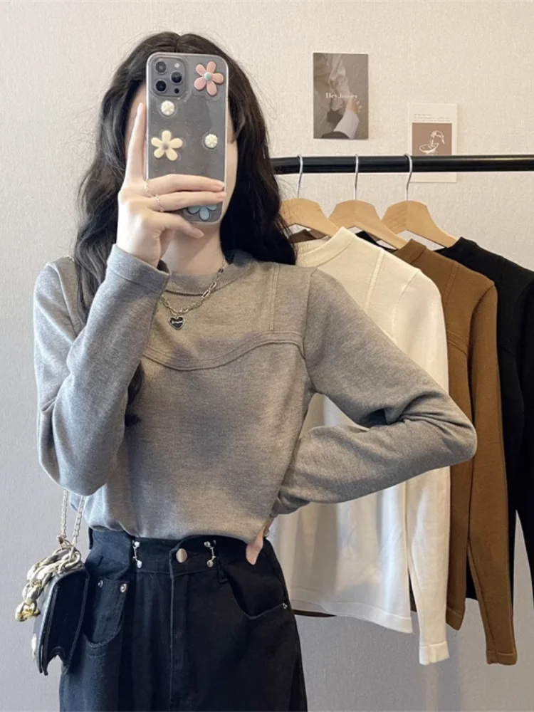 

Осенняя женская футболка свободного кроя с длинным рукавом, имитация двухслойности, очаровательный дизайн, милый японский стиль, прямой крой