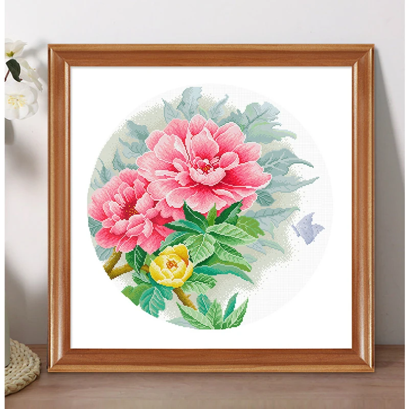 Spring cross stitch embroidery kit printed 11CT fabirc Two pink peonies 60x60cm embroidery kits for art craft sewing and hanging