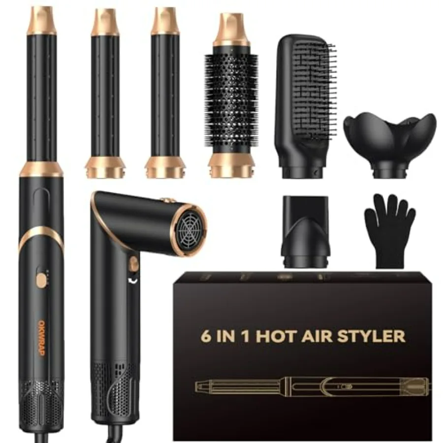 

6 in 1 Air Styler Hair Dryer Brush Set for salon-style styling, ceramic-coated, rose gold, negative ionic technology for frizz-