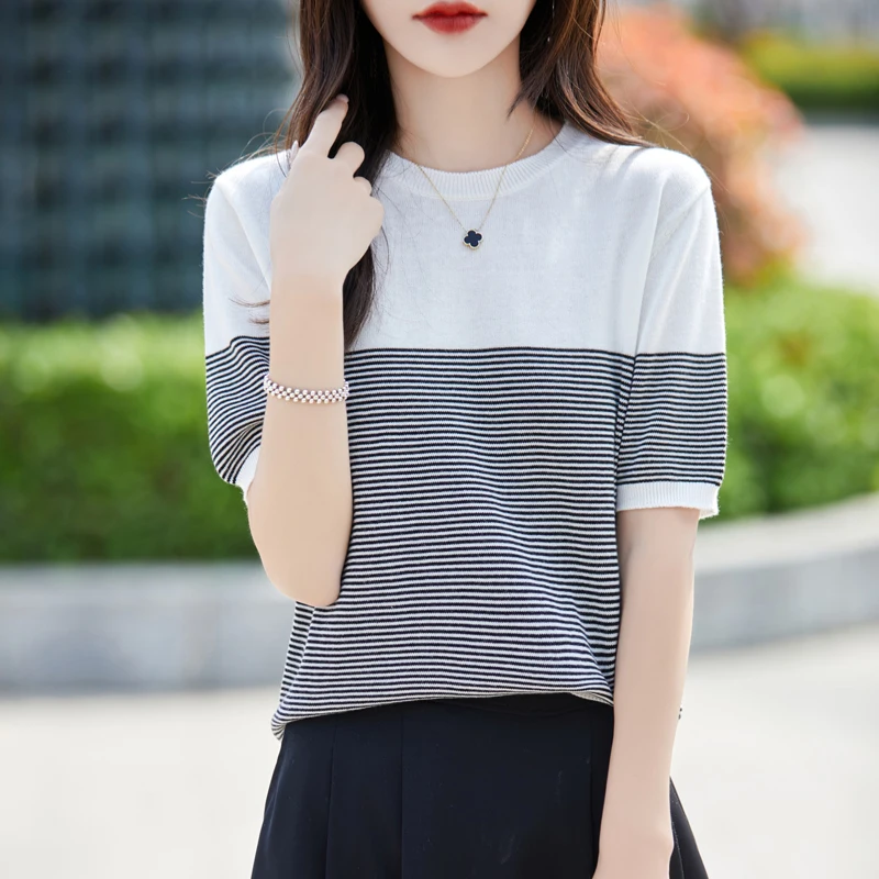 Women's T-shirt Summer New 100% Cotton T-shirt Casual Color Block Knitted Short sleeved O-neck Pullover Loose Top Fashion Sweate