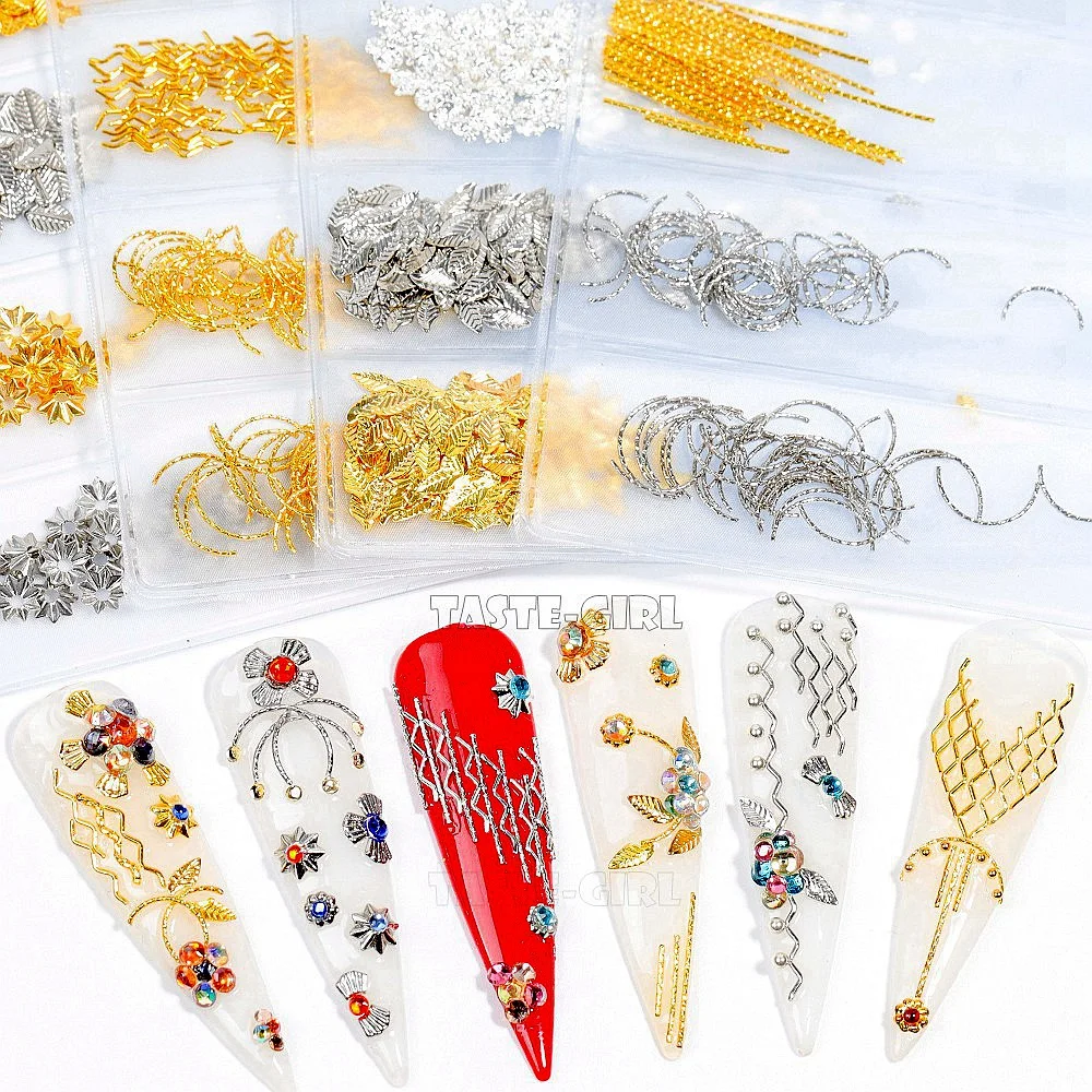 6 Grids/Pack Mix Shapes Various Metal Twisted Bars Stripes Leaf 3D Studs Nail Art Alloy Gems Decorations Manicure Tips