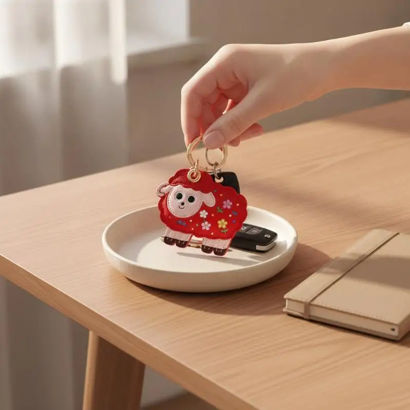 Cartoon Sheep PU Leather Access Control Card Holder, Protective Sleeve with Keychain, Decorative Card Cover for Daily Carry