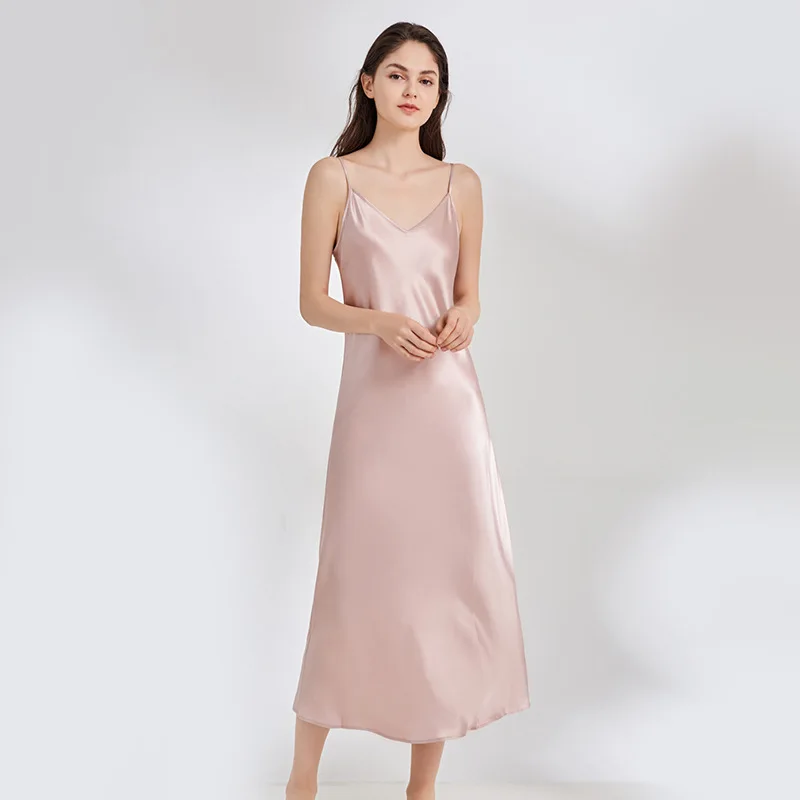 

100% Mulberry Silk Slip Suspenders Long Nightgown Satin Sexy Pajamas Sleepwear Dress Thin Breathable Women's Sling Nightdress